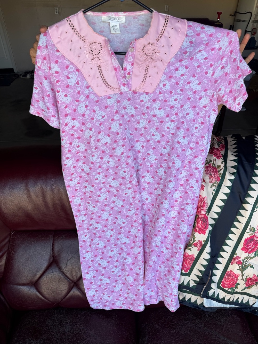 Unbranded Pink Floral Kids Pajama Nightgown with Embroidered Collar